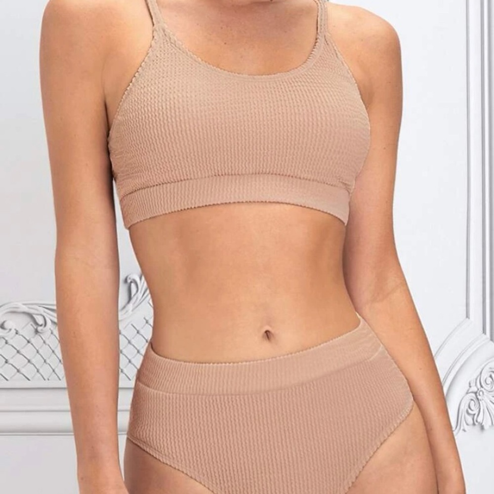 Ruffled Ruched High Waisted Beige / Khaki Bikini Bathing Suit Set - NEW